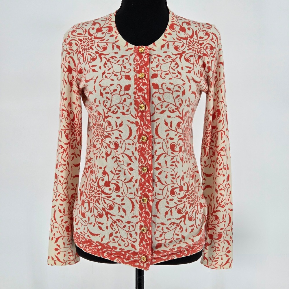 J McLaughlin Women Small Jacquard Filigree Cardigan Gold Button Cotton Modal‎